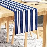 Encasa Tischläufer für 4 Seater Essen | Franca Blue Stripes | Feine gerippte Baumwolle | Größe 32x150 cm | Über 20 Moderne Farben & gewebte Designs, maschinell waschb