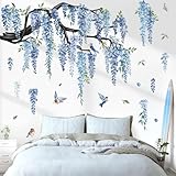 decalmile Wandtattoo Baum Ast Blüten XXL Groß Wandaufkleber Hängende Blumen Blüten Blau Vögel Wandsticker Wohnzimmer Schlafzimmer Sofa Hintergrund Wanddek
