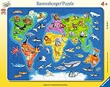 Ravensburger Kinderpuzzle - 06641 Weltkarte mit Tieren - Rahmenpuzzle für Kinder ab 4 Jahren, mit 30 T