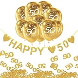 Oblique Unique® 50. Geburtstag Goldene Hochzeit Party Feier Deko Set - Happy 50 Girlande + Luftballons Zahl 50 + Konfetti Zahl 50 - Gold Weiß