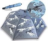 HECKBO Magic & Reflektor Kinder Jungen Regenschirm - Dinosaurier - wechselt bei Regen die Farbe - 360° Sichtbarkeit im Straßenverkehr – Faltregenschirm: passt in jeden S