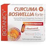 BOTANICY Curcuma + Boswellia forte - Kurkuma Weihrauch Kapseln mit Markenrohstoff NovaSOL - Plus Vitamin D3 für Knochen & Muskeln - Hohe Bioverfügbarkeit, Hochdosiert - 60 Weihrauch Kurkuma Kap