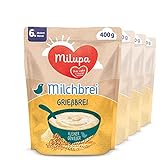 Milupa Miluvit Milchbrei Kleiner Genießer – 'Grießbrei' Babybrei ab dem 6. Monat, Babynahrung, Beikost, 4er Pack, 4 x 400 g