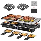 MAISON HUIS Raclette Grill 2-in-1 mit Naturgrillstein und Grill-Platte für 8 Personen, 1400 Watt, Schwarz, Modern, Antihaftbeschichtung, Edelstahl,
