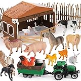 BUYGER Scheune Bauernhof Tiere Figuren Spielzeug, Realistische Tiere Set mit Traktor Anhänger e Zäune, Tierfiguren, Lernspielzeug Geschenke für Mädchen Jungen ab 3 J