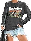 QIANRUO Halloweentown Sweatshirt für Frauen Vintage Grafik Halloween Party Tees Herbst Langarm Rundhals Pullover Tops, Dunkel_Grau, S