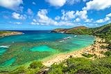 Acryl-Bild 140 x 90 cm: Luftaufnahme des berühmten Hanauma Bay Nature Preserve mit Strand und Korallenriff auf der Insel Oahu, Hawaii, USA. Sommerzeit (80423263)