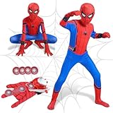 Heartsking Spider Kostüm Kinder, 3-12 Jahre Spder Suit Superhelden Costume 3D Anime Anzug Kinder Jungen Spider Kleidung Kinder mit Maske Web Shooter für Halloween Fasching Karneval Cosplay