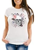 Neverless Damen T-Shirt Totenkopf Blumen Flower Skull Boho Schädel Slim Fit weiß XL