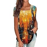 UnoSheng Modische Bluse für Damen, lässige Bedruckte Shirts, Rundhals-Kurzarm-T-Shirt, Tunika-Bluse Aerobic Kostüm Damen (Orange, L)