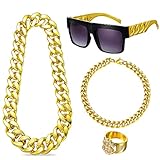 UYUYong Zuhälter Kostüm Set 80er Jahre Kostüm Goldene Dollar Kette & Gold-Armband Ring Brille Persönlichkeit Hip Hop Kostüm Kit Herren 80er 90er für Faschingszubehör Mottopartys Cosplay