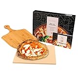 GOURMEO Pizzastein Set mit Bambus-Schaufel - 38x30cm Eckig - Cordierite Pizza Stein für Backofen, Gasgrill & Grill - Gleichmäßige Hitzeverteilung & leichte Reinigung