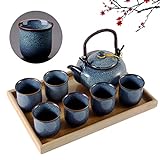DUJUST japanische Teekanne Porzellan Set, einzigartiges chinesisches Teeservice Set mit 1 Teekanne Keramik, 6 Teetassen und 1 Teetablett, hellb