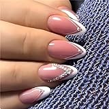 French Fake Nails - Stick On Nails Short - Pink & White Mandel Press on Nails with Diamond - Removable Glue-on Fake Nails Acrylic Full Cover Nails Women Girls N