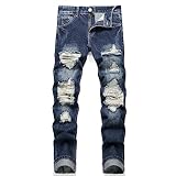 OIIIO Herren Jeans mit geradem Bein, gerissener Schnitt, schmale Passform, 3007 Blau, 50