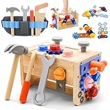 Werkzeugkoffer Kinder Werkbank mit Werkzeuggürtel, 39 Stück Werkzeug Kinder Montessori Holzspielzeug 3 4 5 6 Jahre, Lernspiele Werkzeugkasten Kinder für Geschenk Junge Mädchen ab 3 Wooden Toy