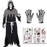 Halloween kostüm,Skelett zombie kostüm Gesichtsmaske Handschuhen halloween kostüm herren horror unisex,mit 10 halloween tattoo g