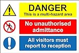 Gefahr Dies ist ein Multi Hazard Bereich. Keine unathorised Aufnahme. Alle Visitors Must Bericht zu Empfang Schild – Selbstklebendes Vinyl 300 mm x 200 mm x 200 