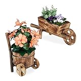 Relaxdays Pflanzschubkarre, 2er Set, flambiertes Holz, Gartendeko, Vintage Design, Blumenkarre zum Bepflanzen, N
