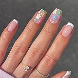 Ceboic 24 Stück Viereckig Kurz Press on Nails, Bunt Französisches Blumen Design Künstliche Nägel, Acryl Falsche Nagelspitzen mit Klebesticker, Kunstnägel Nägel Zum Aufkleben für Frauen und M