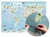 GeoMetro Sticker-Karte: Weltkarte für Kinder mit großem Stickerbogen von Tieren zum Aufkleben, DIN A1 mit Laminierung, abwischbar, Kinderkarte, Lernposter auf Deutsch, reiß