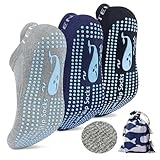 TENQUAN 3 Paare Yoga Socken Damen Anti Rutsch, Stoppersocken Rutschfeste Socken für Damen und Herren 37-44 für Yoga Pilates Zuhause und Krankenhaus(Grau Blau und Schwarz)