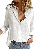 BLENCOT Damen Bluse Langarm Hemden Casual V-Ausschnitt Roll Up Ärmel Button Down Blusen Tops,M,Weiß
