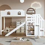 Transplant Etagenbett Hochbett EN747-zertifiziert | Kinderbett mit Fenster, Rutsche & Stauraumtreppe | Kiefer+MDF + Sicherheitsgitter | 90x200cm Weiß | Einfache Montag