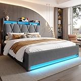 LUTUTU 140 x 200 cm Gepolsterter Bettrahmen mit LED-Beleuchtung, USB Type-C-Ladefunktion und Unterbettaufbewahrung, Stauraum-Kopfteil, hydraulischer Stauraum-Bettrahmen, G