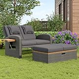 Garten Lounge Sessel Set für 2 Personen, graues Rattan, verstellbare Rückenlehne, Beistelltisch aus Akazienholz, Stützfuß, mit Fußhocker oder als Outdoor-Bett nutzbar, mit Rückenkissen und Sitzk