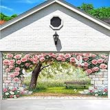 Frühlingsblumen-Garagentor-Dekoration, rosa Garten, Blumen, weiße Ziegelmauer, Garagentor-Banner, Hintergrund, Frühlings-Themenparty, Outdoor-Wanddekoration, 2,4 x 2,1