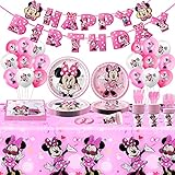 92Pcs Minnie Mouse Geburtstagsdeko Rosa Partygeschirr Set Pappteller Luftballons Mickey Mouse Geburtstagsdeko Mädchen Geburtstags Deko 1 2 3 4 5 6 7 8 9 Jahr für Kindergeburtstag Dek