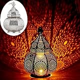 Marrakesch Lampe und Laterne in einem aus Metall 30 cm groß | Tischlampe Windlicht Lamisa Silber als Orientalische Dek