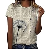 Damen-T-Shirt mit Blumen- und Zeitungsdruck, Rundhalsausschnitt, Kurze Ärmel, lässiges Sport-T-Shirt, locker, Tunika für Damen, Herbst, beige, Larg