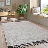 Taracarpet Handwebteppich Borkum Teppich fürs Wohnzimmer, Schlafzimmer und als Küchenteppich geeignet 100% Baumwolle weiß 160x230