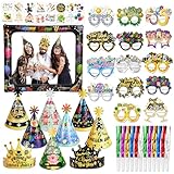 DPKOW 52Stk 2025 Glücksbringer Silvester Accessoires, Silvester Hüte Brillen Foto Requisiten Aufblasbarer Silvester Tattoos Partytröte für 2025 Silvester Party Zubehör Gadget Glücksbringer Neuj