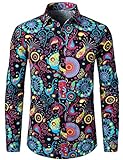 LucMatton Herrenhemd aus Leinen, mit stilvollen, afrikanischen, traditionellen Druckmustern, Langarmhemd mit Knopfleiste, mehrfarbig, M