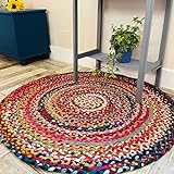 Second Nature Online Sundar Runder flach geflochtener Teppich aus handgefertigtem Gewebe mit mehrfarbigem, recyceltem Material - 120 cm D