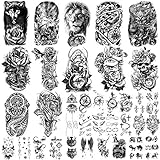 Yazhiji 36 Blatt Temporäre Tattoos Aufkleber, 12 Blatt Gefälschte Körper Arm Brust Schulter Tattoos für Männer oder Frauen mit 24 Blatt Winzige schw