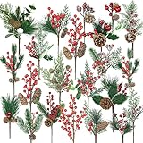 22 Stück Groß Weihnachtsbeeren Künstliche Tannenzweige mit Roten Beeren Tannenzapfen, Assortiert 20Arten Weihnachts Picks für Bastelgeschenkpicke Winter Blumenpicks Baumkränze Weihnachts Dek
