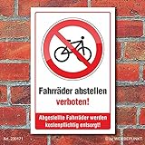 Schild Fahrräder abstellen verboten kostenpflichtige Entsorgung 3 mm Alu-Verbund 300 x 200