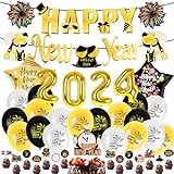 Silvester Deko Set, PAMIYO 2024 Happy New Year Decorations Kit XXL 2024 Folienballon mit Luftballons, Luftschlangen, Latexballons, Neujahrsdeko Geburtstagsdeko Gold Silvester Ballon für Neujahr Dek