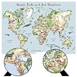 Schokoladenseite A1 (84x59 cm) Kinderposter Weltkarte mit 160 Tierarten | Lernkarte für terra kids | modernes Kinderzimmerposter - Wanddek