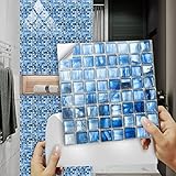 Fliesenaufkleber Retro Blaues Mosaik Klebefliesen 3D Küchenrückwand Folie Wasserdicht Fliesenfolie Vinyl Selbstklebende Fliesen Aufkleber Fliesen für Bad Wohnzimmer Küche Deko10 Stück(20X20cm)