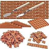 Woohome 250 Stück Miniatur Ziegelsteine Grau Mini Scale Ziegel Miniatur Ziegel mit Schaber Modellbau Landschaftsbau Feengarten Zubehör, 1:16