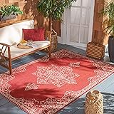 SAFAVIEH Medaillon Teppich für Drinnen & Draussen - Beachhouse Collection, Kurzer Flor, Rot und Creme, 91 X 152