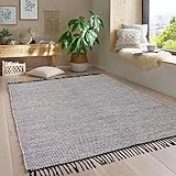 Taracarpet Handwebteppich Borkum Teppich fürs Wohnzimmer, Schlafzimmer und als Küchenteppich geeignet 100% Baumwolle grau 120x170